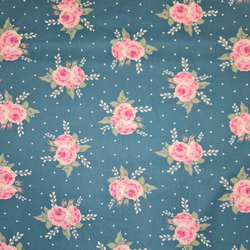 Tecido 100% Algodão Veronique Fundo Azul com rosas